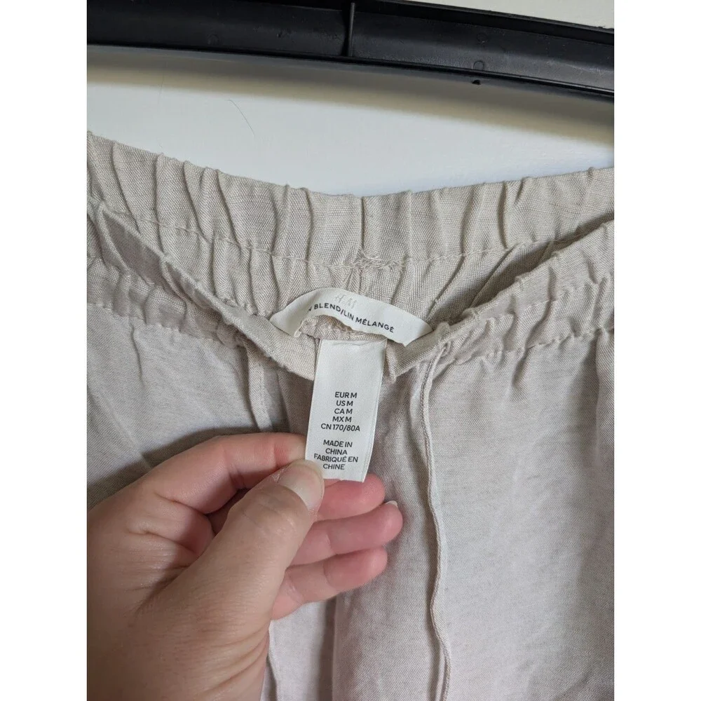 h&m Medium Linen Blend Wide Leg Pants Trousers Flax Oatmeal Minimalist Womens